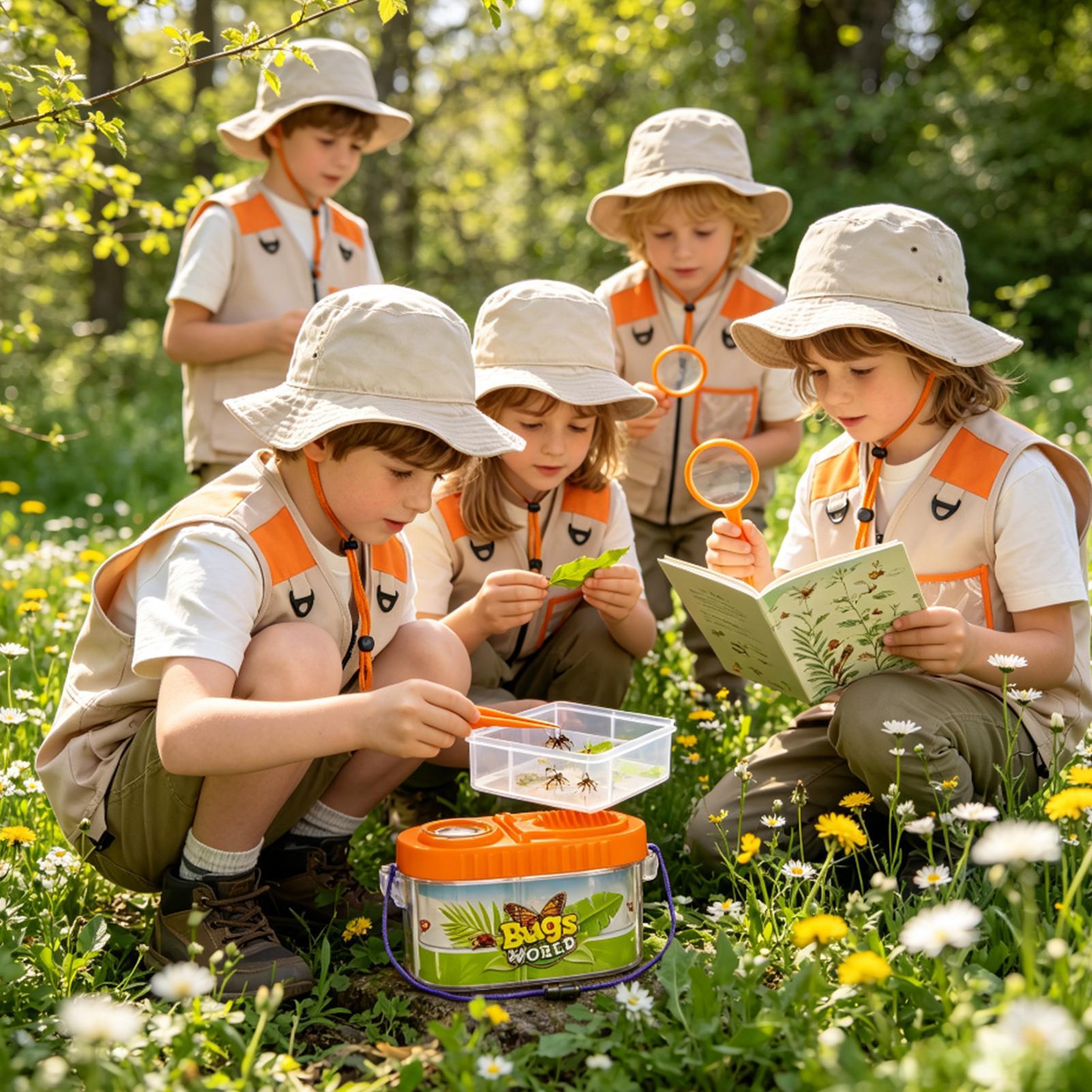 Outdoor Adventure Kit For Kids - ชุดอุปกรณ์ผจญภัยสำหรับเด็กพร้อมแว่นขยาย หมวกน้ำหนักเบา ชุดวิทยาศาสตร์สำหรับเด็ก ชุดจับแมลงและตั้งแคมป์สำหรับเด็กชายและเด็กหญิงสำหรับกิจกรรมกลางแจ้ง